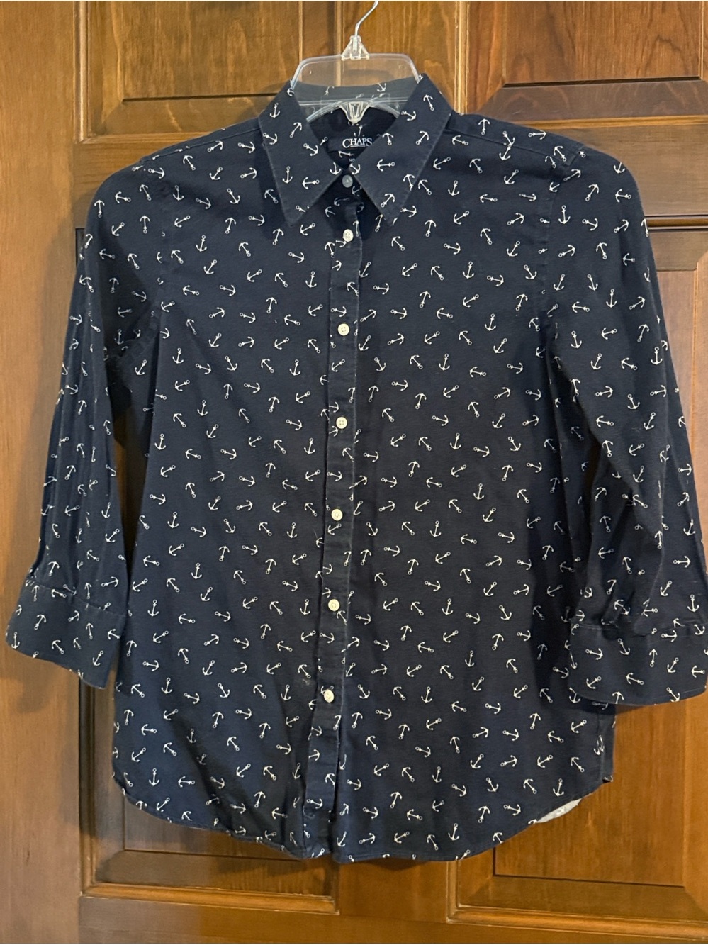 CHAPS nautical anchor navy & white blouse button-front shirt size M 3/4 sleeve